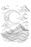 sun/moon, clouds, ocean, waves, mountains tattoo design idea