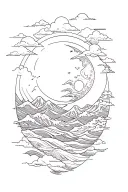 sun/moon, clouds, ocean, waves, mountains tattoo design idea