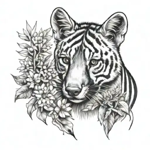 cute thylacine with native flowers tattoo design idea