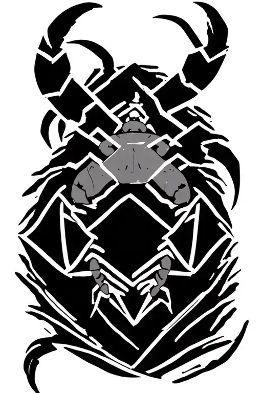 island tribal with zigzags, hexagonal patterns, and branching lines mimicking crab legs tattoo design idea