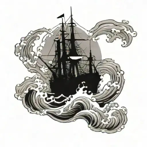 Waves overwhelming a battleship on a stormy night tattoo design idea