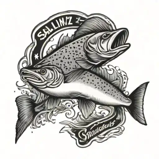 king salmon jumping with "Salminz" written below it tattoo design idea