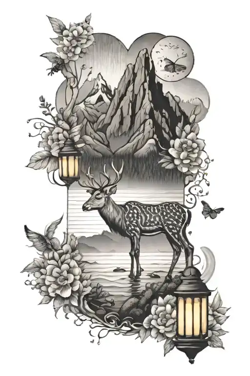 vertical spine, minimal  feminine. mountains, waves, wales, kudu, bees, flowers, lanterns, sunset. tattoo design idea