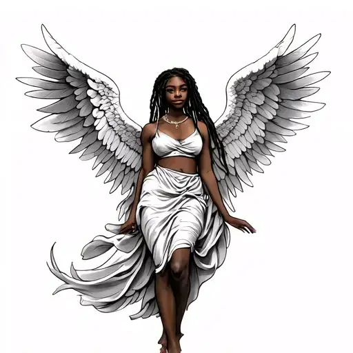 african angel full body with locs and wings spread tattoo design idea