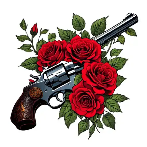 dark tower with red roses blooming. revolver surrounded tattoo design idea