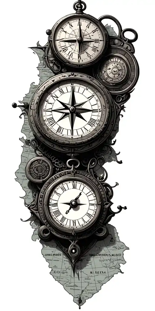 old map, with technology items, compass, old clock, tattoo design idea