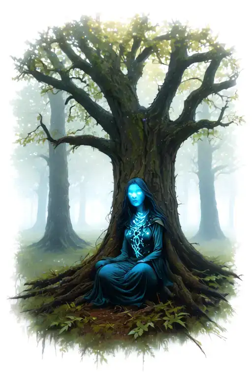 In a foggy, dreamy forest, a mysterious figure sits under an old tree - a 'soul-searcher'. Its eyes shine with a blue-vi tattoo design idea