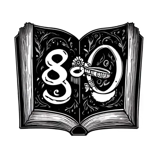 with a book, ring, running , number 800 , krishna's flute, tattoo design idea