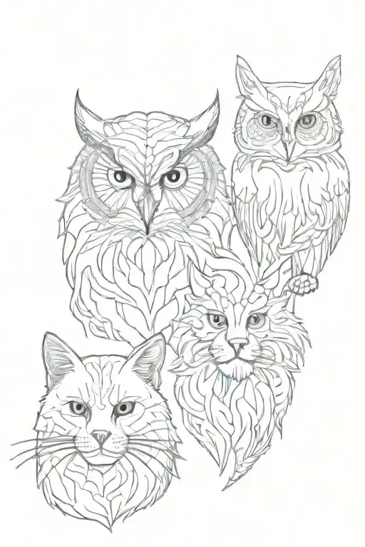 Owl and lion and two cats tattoo design idea