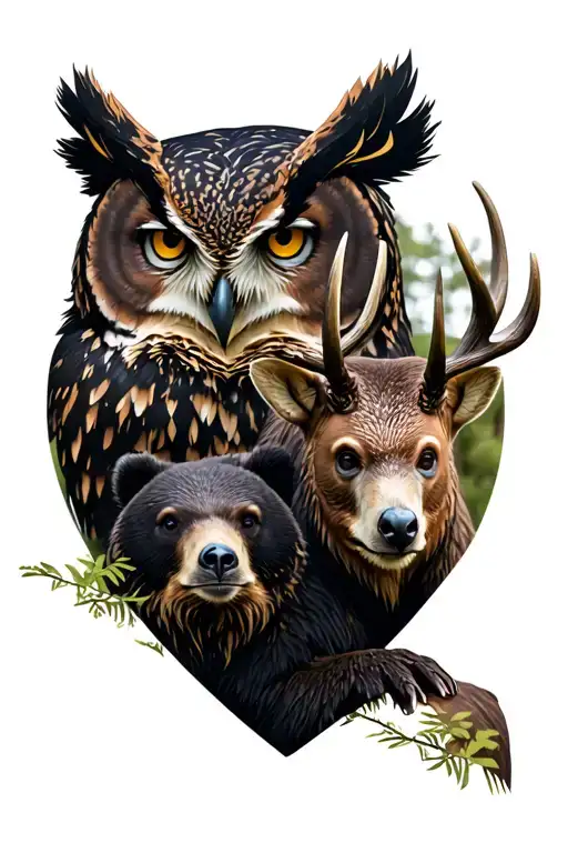 A white tail buck, a horned owl, and a black bear in the woods along a creak tattoo design idea