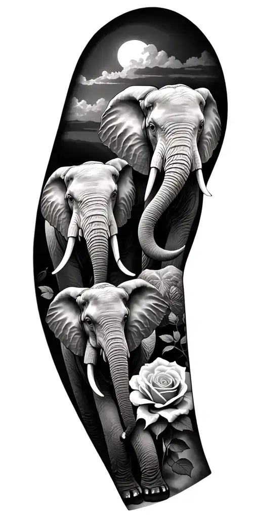 I want a tattoo to be done on the whole arm in black and white. I want 4 elephants walking and a rose tattoo design idea