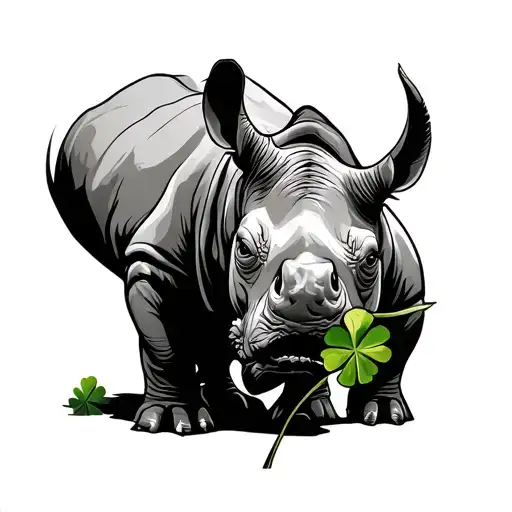 A sleek, semi-minimalist black line tattoo of a calm, forward-moving rhino holding a small four-leaf clover in its mouth tattoo design idea