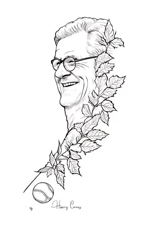 sleeve with Harry Caray (the cubs announcer) ivy leaves, aspen trees, a rum ham, and a baseball tattoo design idea