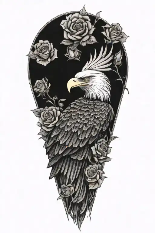 Bald eagle surounded by roses tattoo design idea
