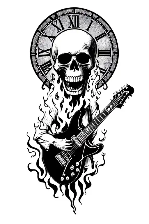 Death with an electric guitar, emitting fiery tongues of flames from a skull, surrounded by a picturesque nature, in the background of a clock tattoo design idea