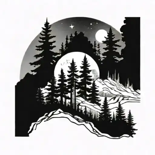 Sketch of a black and white tattoo of a forest landscape with lush fir trees, gloomy, mountains on the horizon, moon, bird in dotwork style tattoo design idea
