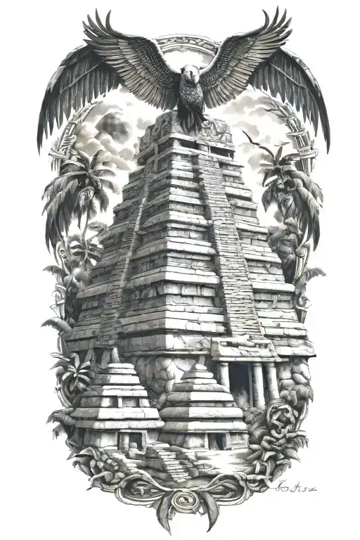 Mayan pyramids, winged serpent, jungle, lightning, colored tattoo design idea