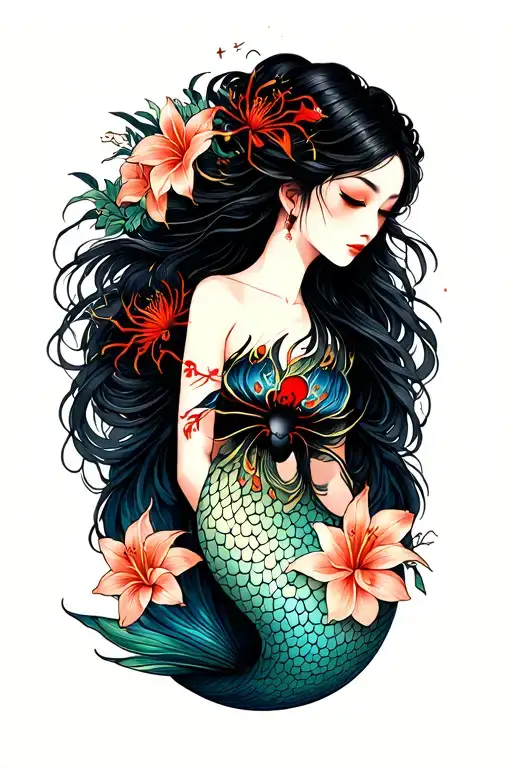 japanese mermaid with long hair and spider lilys tattoo design idea