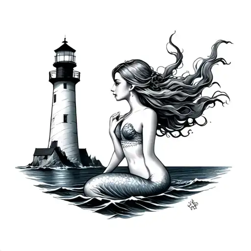 memaid and lighthouse tattoo design idea