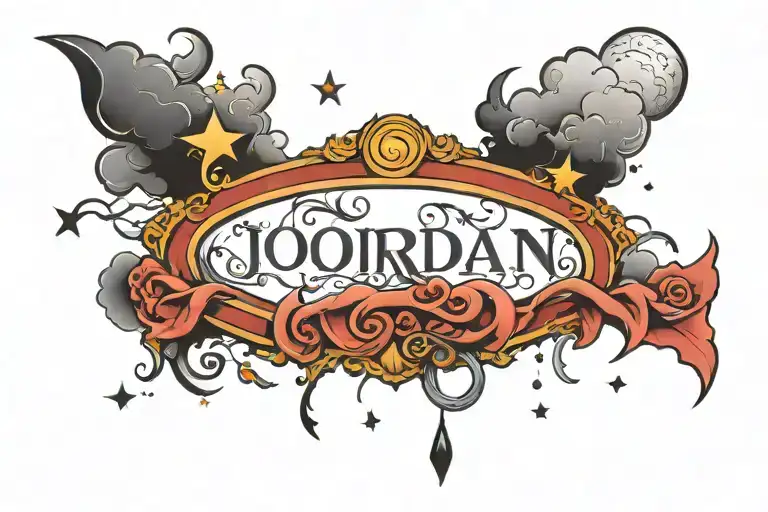 name Jordan with clouds and moon surrounded tattoo design idea