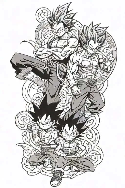 money d luffy and vegeta posing together tattoo design idea