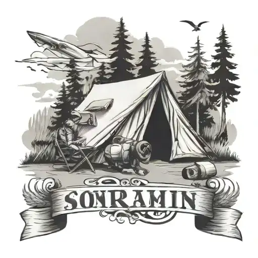Son's name Adrian with camping scene tattoo design idea