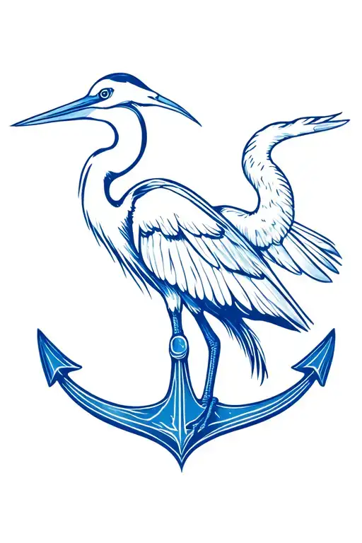 Blue heron silhouett intertwined with anchor tattoo design idea