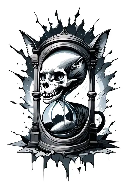 raven skull hourglass castle cat shattered glass tattoo design idea