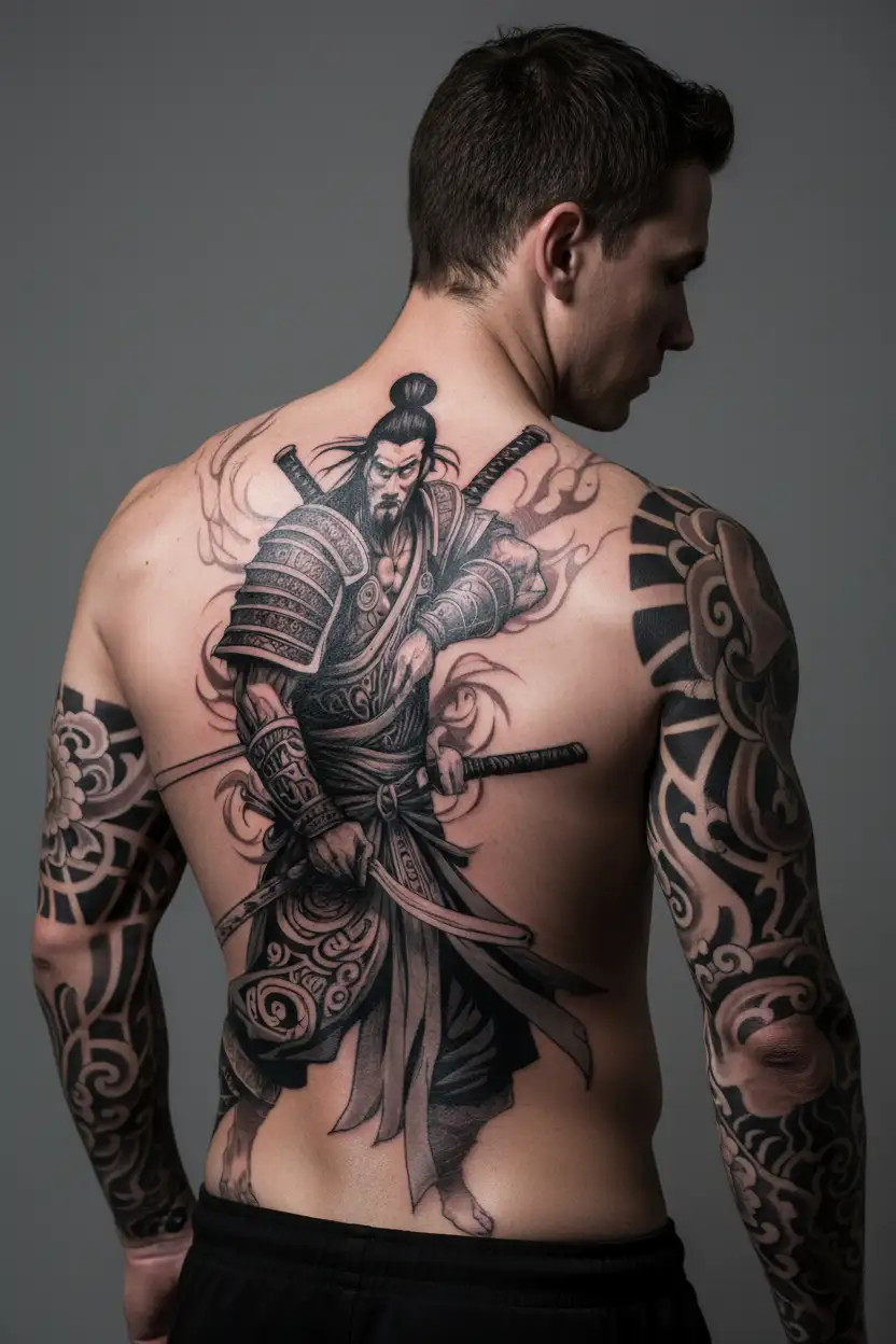 samurai in tribal samoan tattoo sleeve tattoo design idea