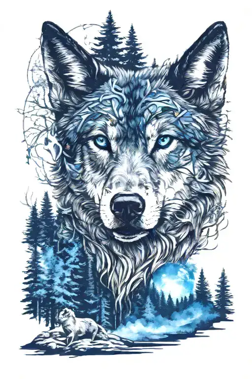 wolf in blue eyes howling forest scene tattoo design idea