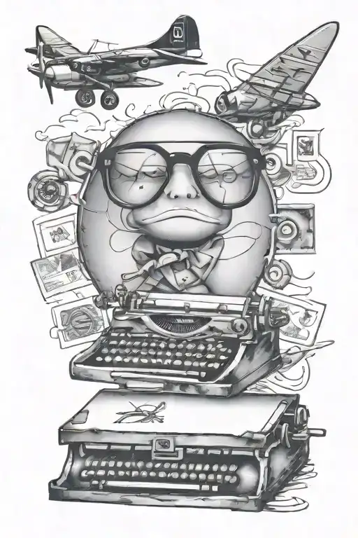 cards, typewriter, navy plane, aviator glasses tattoo design idea