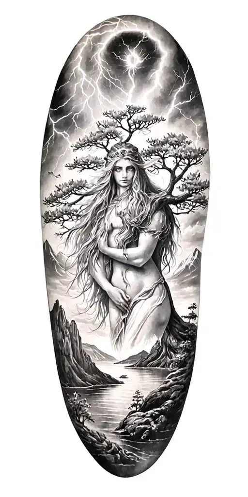 freya goddes of love groving in tree and lightining storm and fjord and nature tattoo design idea