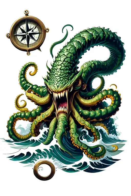 angry kracken hold compass with waves, tentacles spread out tattoo design idea