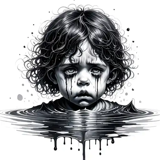 An abstract crying child,a hand sinking into the ocean,a lost soul wandering in the heart of the forest,a hand drippi tattoo design idea