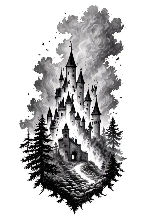 forest burning on outskirts of castle walls tattoo design idea