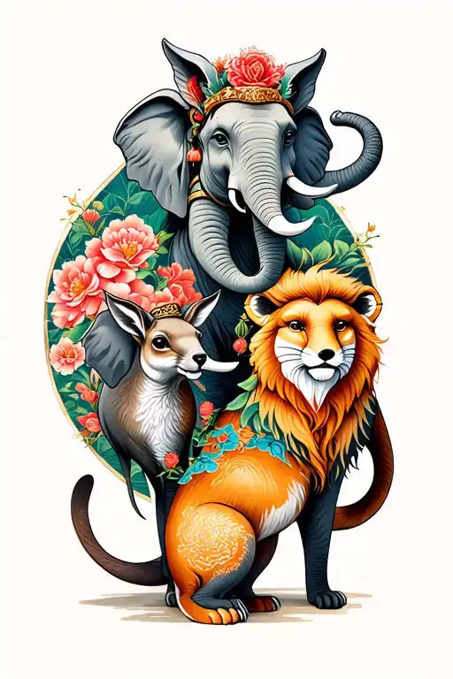 elephant, fox, lion and kangaroo tattoo design idea