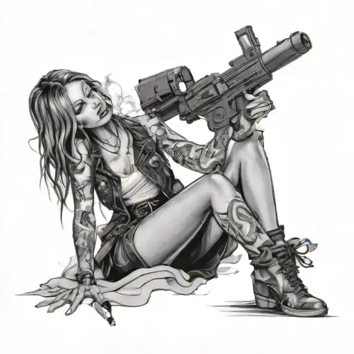    0:13 / 2:57  Central Ca beautiful girl is sitting on one knee, a gun in her hands, smoke coming out of itee - Let Go  tattoo design idea