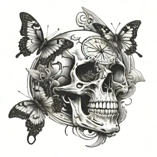 skull and butterfly and clock melting tattoo design idea