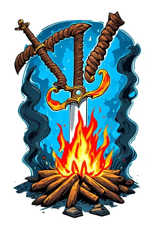 On the Dark Souls video game theme, a lit campfire with a twisted sword planted in it tattoo design idea