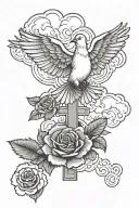 dove flying cross rose clouds tattoo design idea