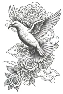 dove flying cross rose clouds tattoo design idea