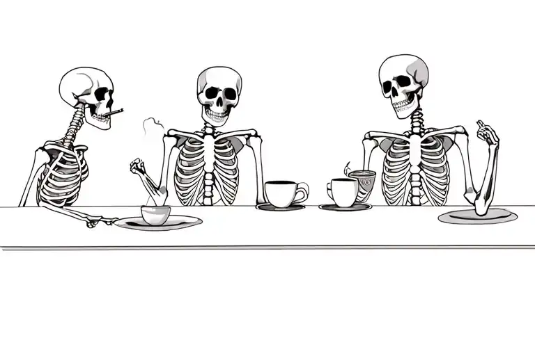 create a tattoo with 3 skeleton person each holding cigarette and 3 cups of coffee on the table, catching up about life tattoo design idea