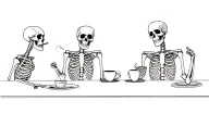 create a tattoo with 3 skeleton person each holding cigarette and 3 cups of coffee on the table, catching up about life tattoo design idea