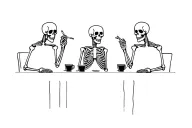 create a tattoo with 3 skeleton person each holding cigarette and 3 cups of coffee on the table, catching up about life tattoo design idea