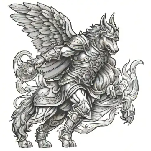 Saint florian as a warrior with a fire wolf howling  as they get ready for battle  tattoo design idea