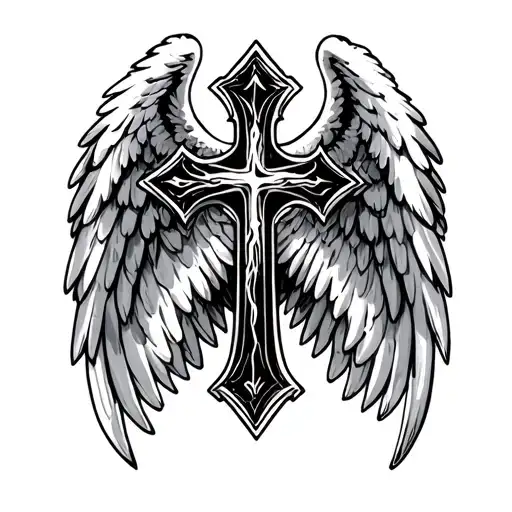 cross name, angel wings tattoo design idea