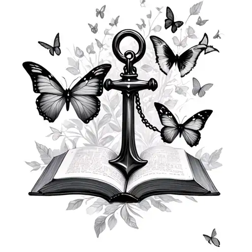 Marine anchor/open book/flight of butterflies tattoo design idea