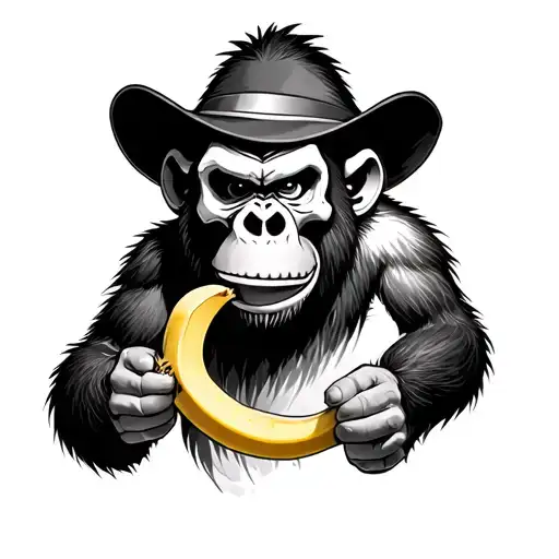 funky kong, but half of his face is a skull, black and white, holding a banana peel tattoo design idea