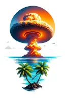 two big coconut trees with a seascape with a nuclear mushroom cloud in the background tattoo design idea