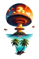 two big coconut trees with a seascape with a nuclear mushroom cloud in the background tattoo design idea